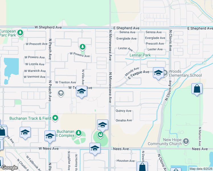 map of restaurants, bars, coffee shops, grocery stores, and more near 42 West Barcelona Lane in Clovis