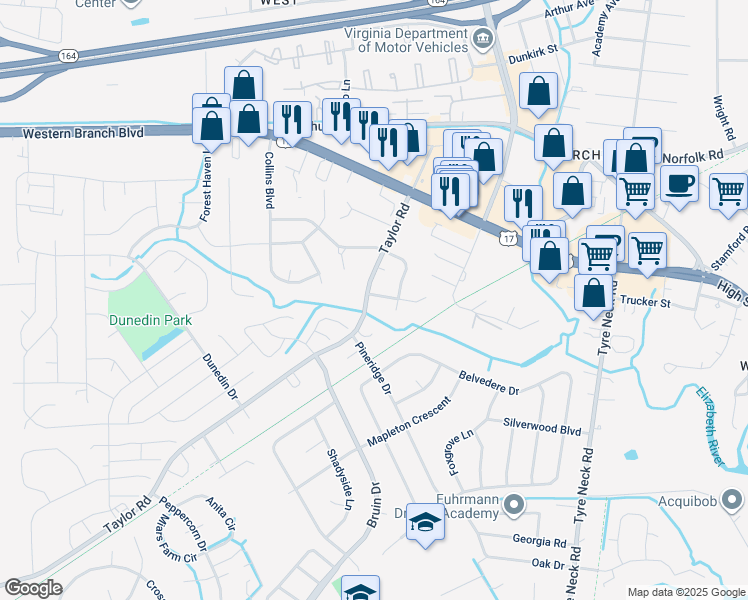 map of restaurants, bars, coffee shops, grocery stores, and more near 4248 Redfern Lane in Chesapeake