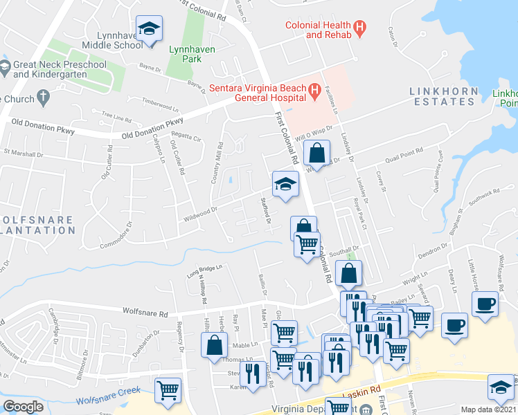 map of restaurants, bars, coffee shops, grocery stores, and more near 1825 West Sheringham in Virginia Beach