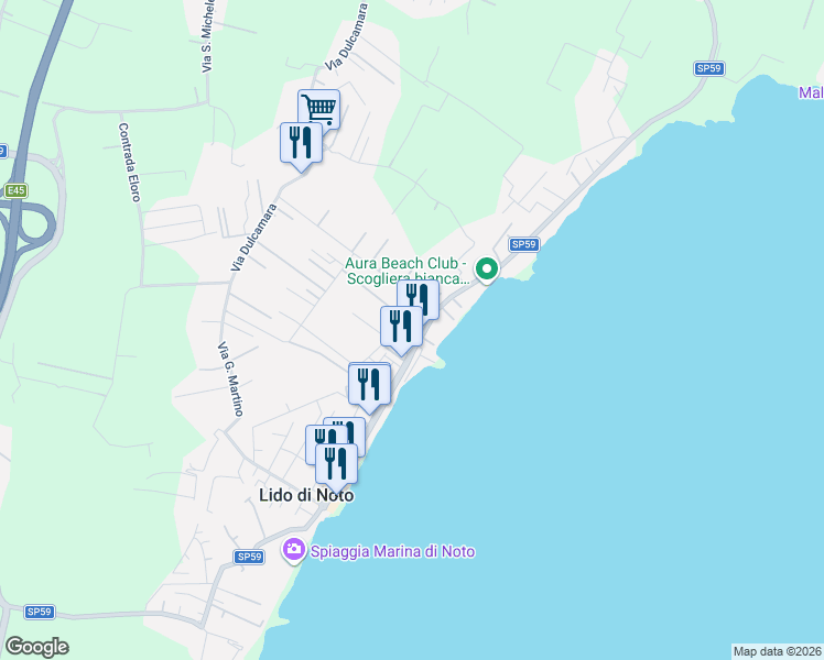 map of restaurants, bars, coffee shops, grocery stores, and more near Via Posidonia in Lido di Noto