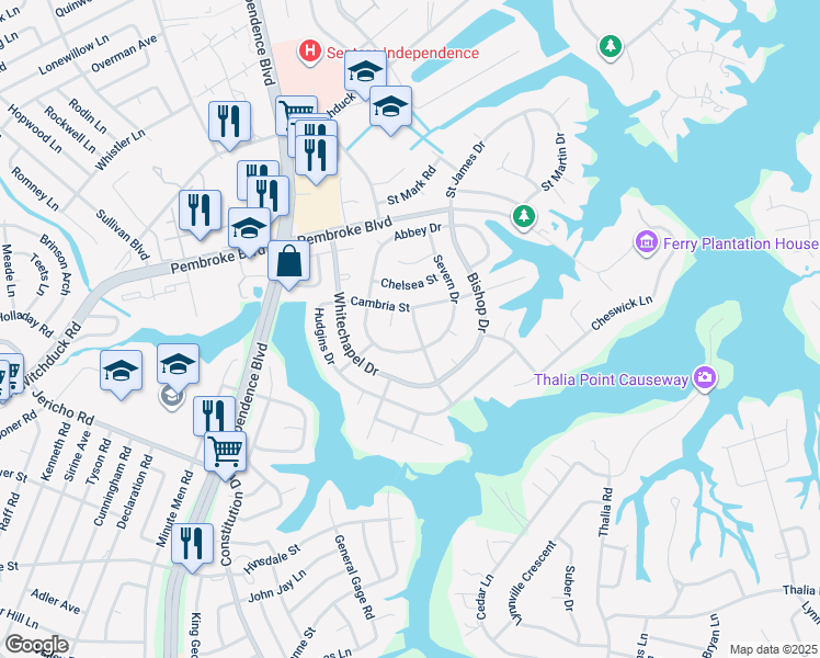 map of restaurants, bars, coffee shops, grocery stores, and more near 600 Cambria Court in Virginia Beach