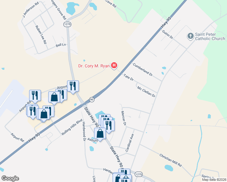 map of restaurants, bars, coffee shops, grocery stores, and more near Highway 90 in Monticello