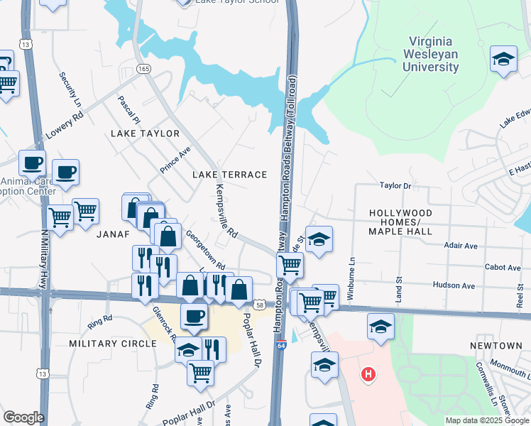 map of restaurants, bars, coffee shops, grocery stores, and more near 1060 Kempsville Road in Norfolk
