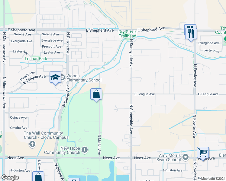 map of restaurants, bars, coffee shops, grocery stores, and more near 4832 Teague Avenue in Clovis