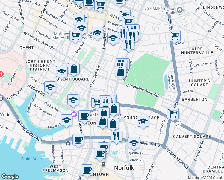 map of restaurants, bars, coffee shops, grocery stores, and more near 1001 Monticello Avenue in Norfolk