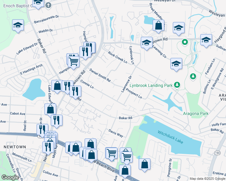 map of restaurants, bars, coffee shops, grocery stores, and more near 700 Brock Court in Virginia Beach