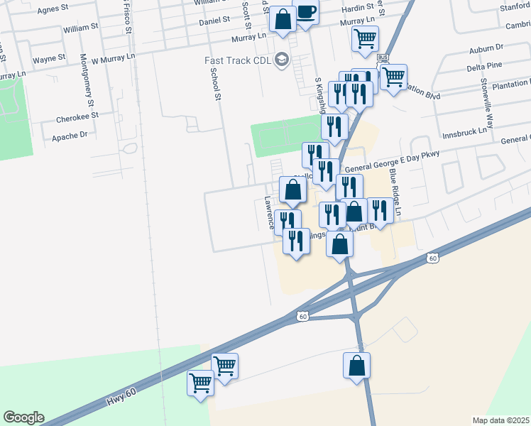 map of restaurants, bars, coffee shops, grocery stores, and more near 12054 Lawrence in Sikeston