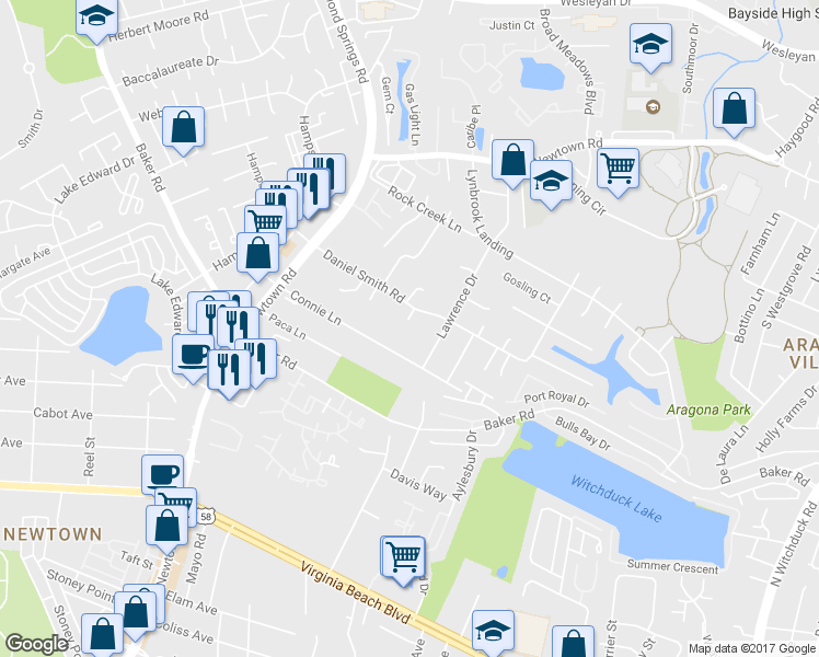 map of restaurants, bars, coffee shops, grocery stores, and more near 700 Brock Court in Virginia Beach