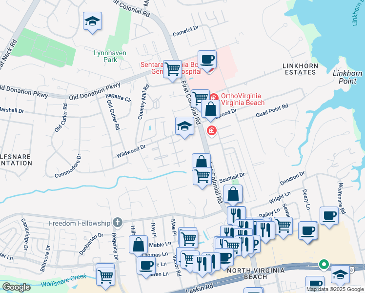 map of restaurants, bars, coffee shops, grocery stores, and more near 1814 Carlton East in Virginia Beach