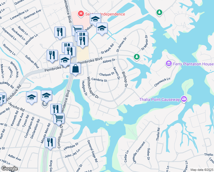 map of restaurants, bars, coffee shops, grocery stores, and more near 600 Cambria Court in Virginia Beach