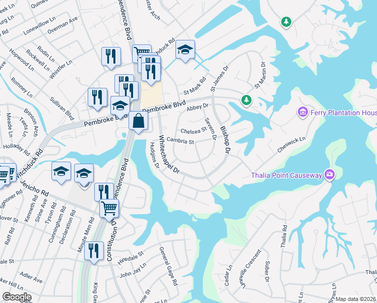 map of restaurants, bars, coffee shops, grocery stores, and more near 600 Cambria Court in Virginia Beach