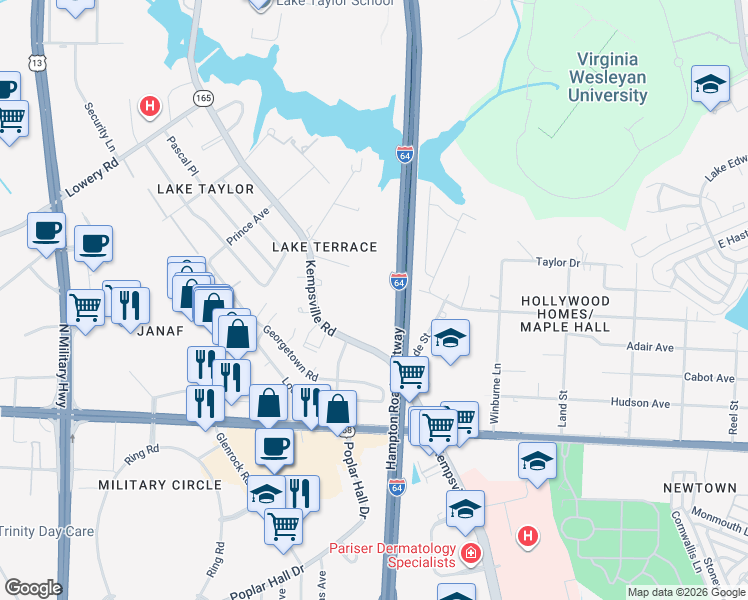 map of restaurants, bars, coffee shops, grocery stores, and more near 1060 Kempsville Road in Norfolk