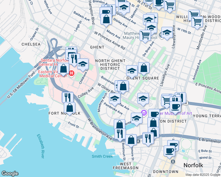 map of restaurants, bars, coffee shops, grocery stores, and more near 622 West Olney Road in Norfolk