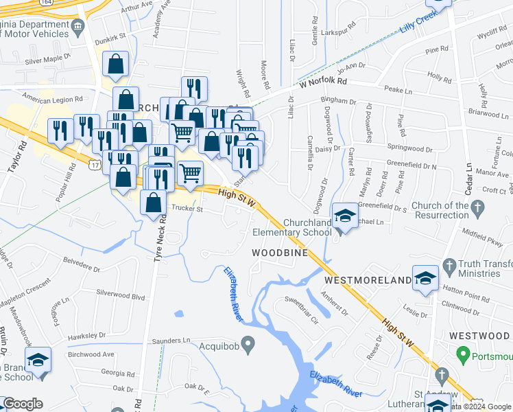 map of restaurants, bars, coffee shops, grocery stores, and more near 5613 High Street West in Portsmouth