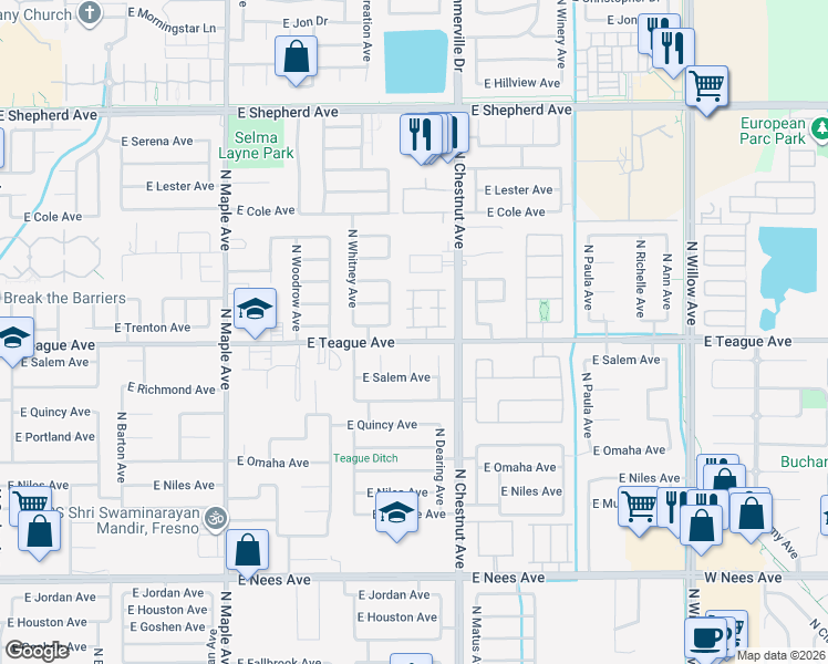 map of restaurants, bars, coffee shops, grocery stores, and more near 2404 East Marquise Court in Fresno