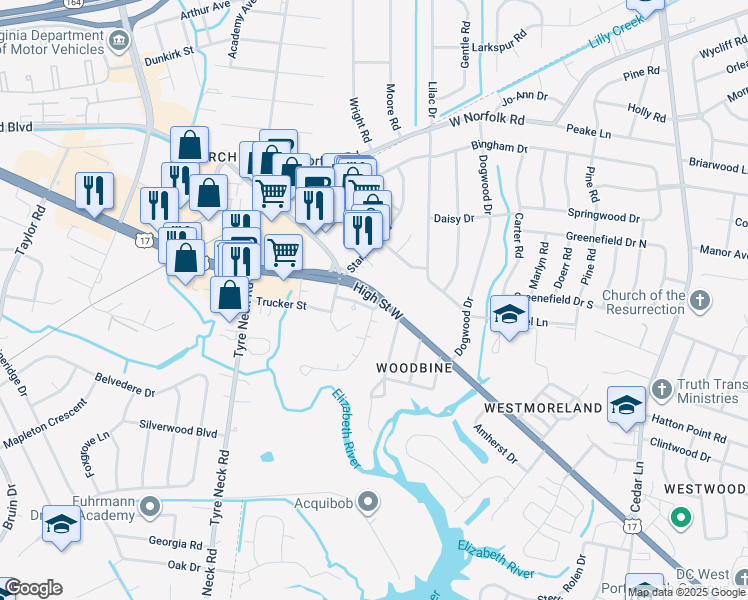 map of restaurants, bars, coffee shops, grocery stores, and more near 5613 High Street West in Portsmouth