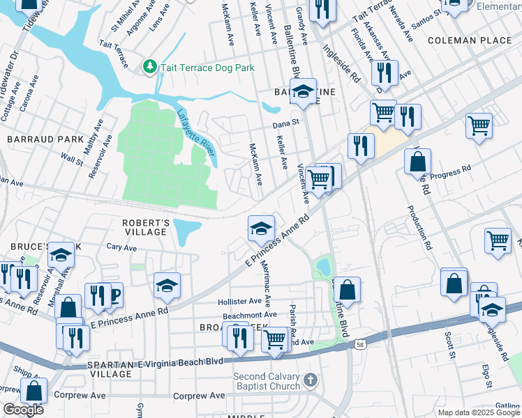 map of restaurants, bars, coffee shops, grocery stores, and more near 1474 Godfrey Avenue in Norfolk