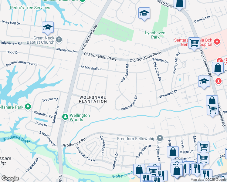 map of restaurants, bars, coffee shops, grocery stores, and more near 2208 Hidden Creek Court in Virginia Beach