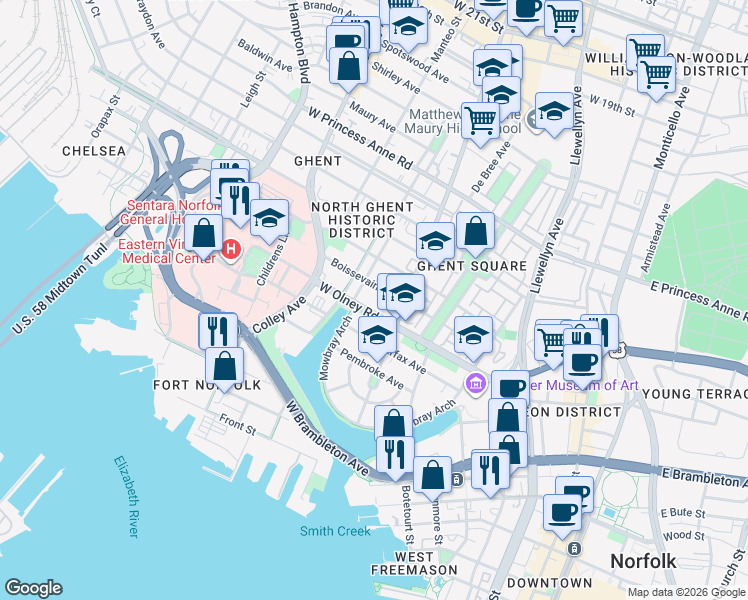 map of restaurants, bars, coffee shops, grocery stores, and more near 521 Boissevain Avenue in Norfolk