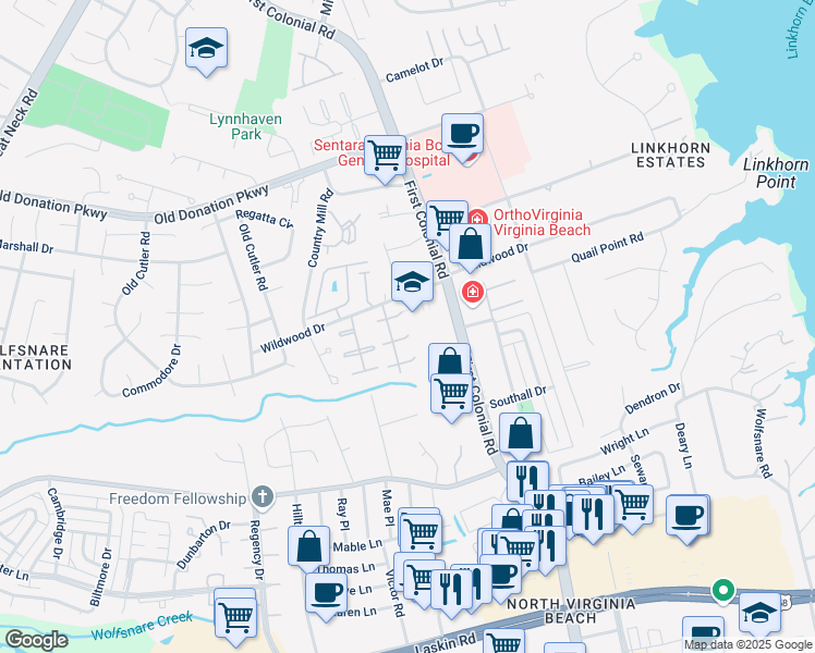 map of restaurants, bars, coffee shops, grocery stores, and more near 1814 Carlton East in Virginia Beach