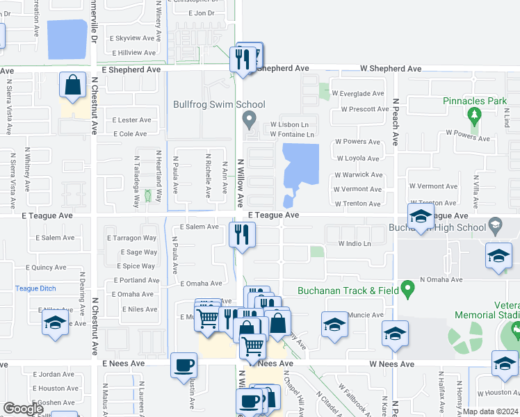 map of restaurants, bars, coffee shops, grocery stores, and more near 742 West Barcelcna in Clovis