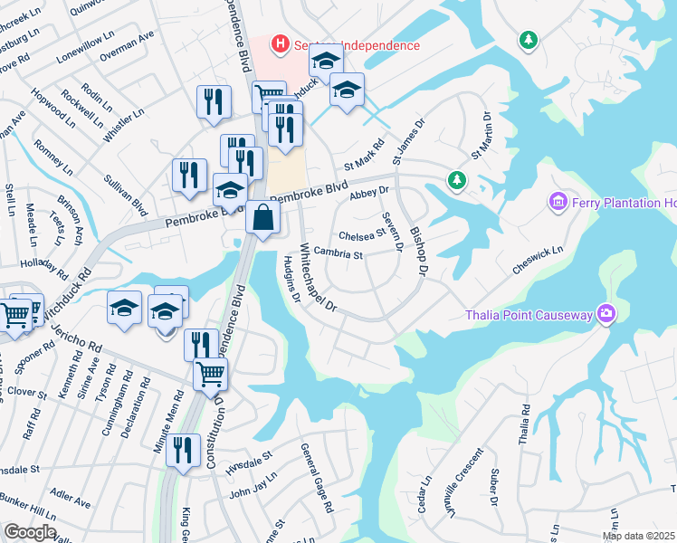 map of restaurants, bars, coffee shops, grocery stores, and more near 600 Cambria Court in Virginia Beach