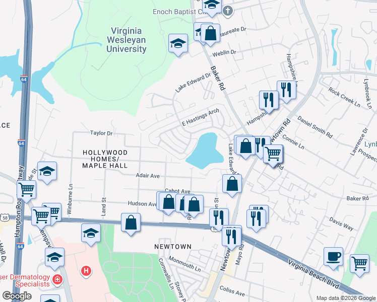 map of restaurants, bars, coffee shops, grocery stores, and more near 5749 West Hastings Arch in Virginia Beach