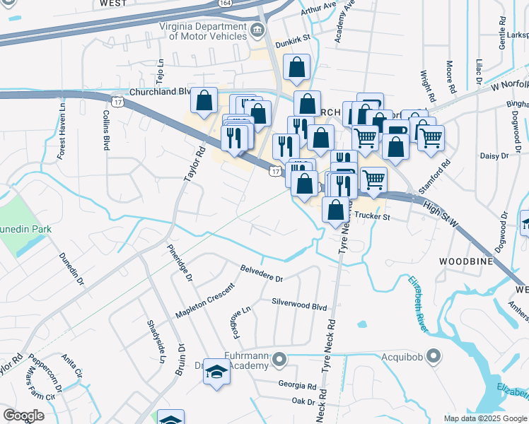 map of restaurants, bars, coffee shops, grocery stores, and more near 3413 Poplar Hill Court in Chesapeake