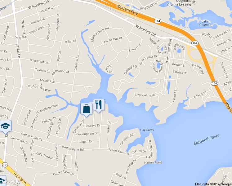 map of restaurants, bars, coffee shops, grocery stores, and more near 1201 Marsh Wren Circle in Portsmouth