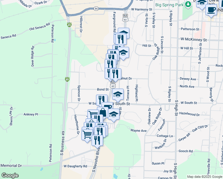 map of restaurants, bars, coffee shops, grocery stores, and more near 1001 Bond Street in Neosho
