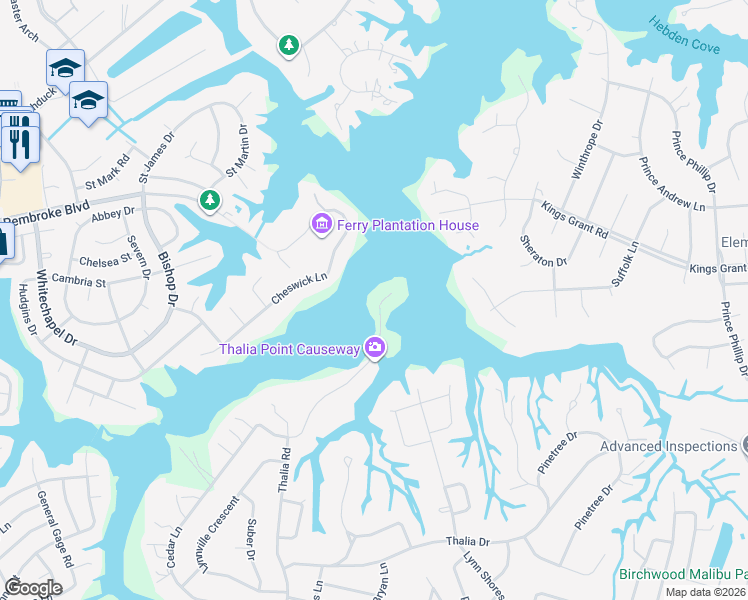 map of restaurants, bars, coffee shops, grocery stores, and more near 676 Thalia Point Road in Virginia Beach