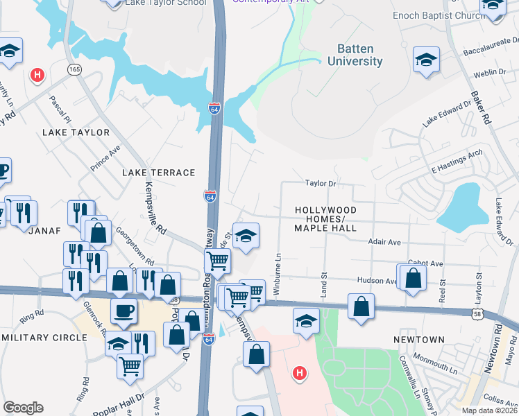 map of restaurants, bars, coffee shops, grocery stores, and more near 6228 Wailes Ave in Norfolk
