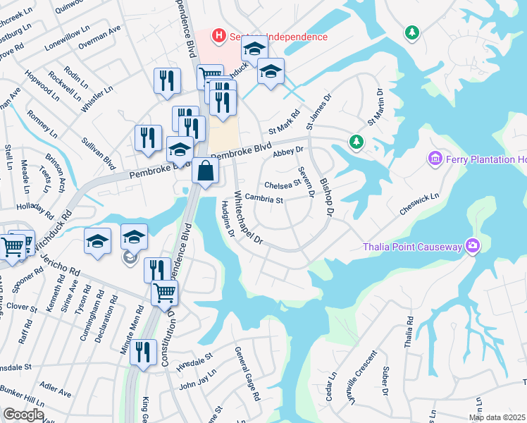 map of restaurants, bars, coffee shops, grocery stores, and more near 600 Cambria Court in Virginia Beach