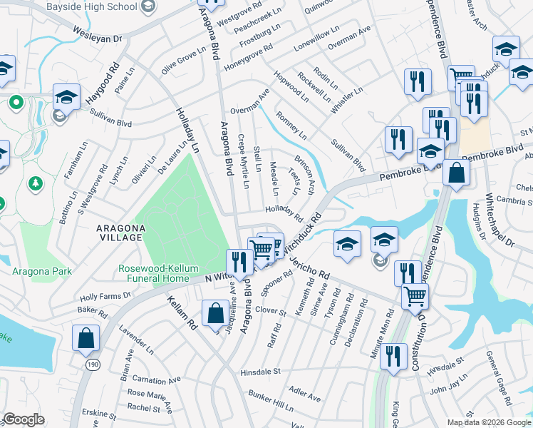map of restaurants, bars, coffee shops, grocery stores, and more near 716 Jericho Road in Virginia Beach
