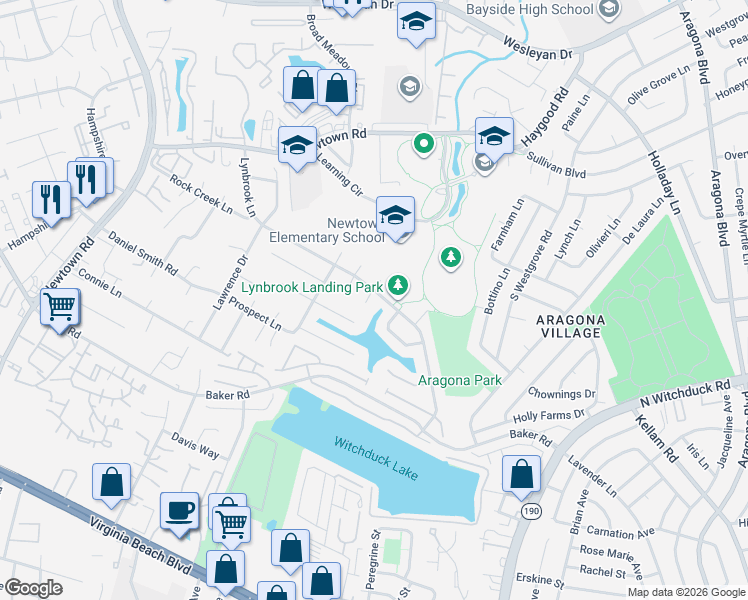 map of restaurants, bars, coffee shops, grocery stores, and more near 606 Cedar Springs Court in Virginia Beach