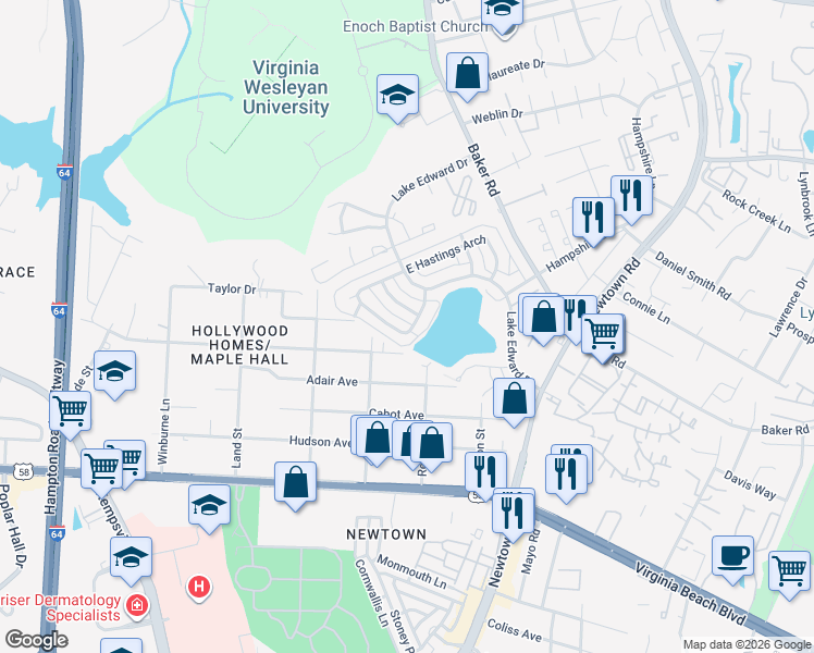map of restaurants, bars, coffee shops, grocery stores, and more near 5749 West Hastings Arch in Virginia Beach