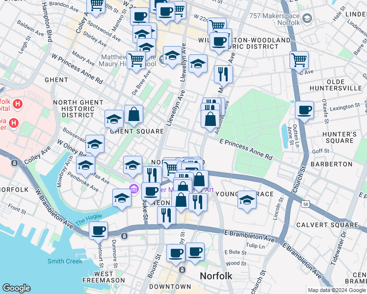 map of restaurants, bars, coffee shops, grocery stores, and more near 103 Westover Avenue in Norfolk