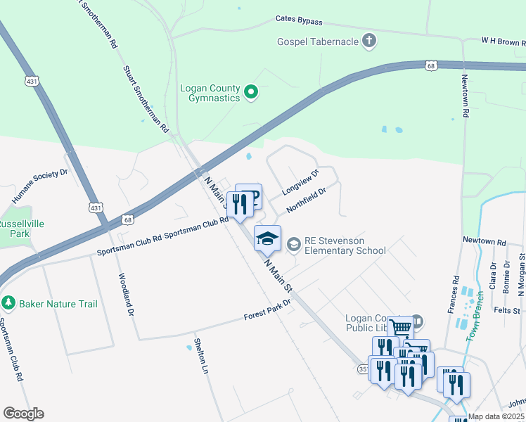 map of restaurants, bars, coffee shops, grocery stores, and more near Ridgewood Apartments 2 in Russellville
