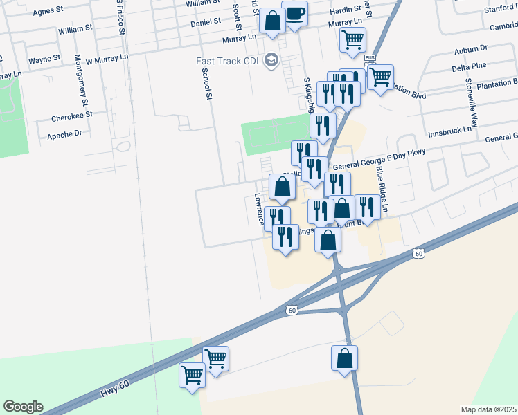 map of restaurants, bars, coffee shops, grocery stores, and more near 12058 Lawrence in Sikeston