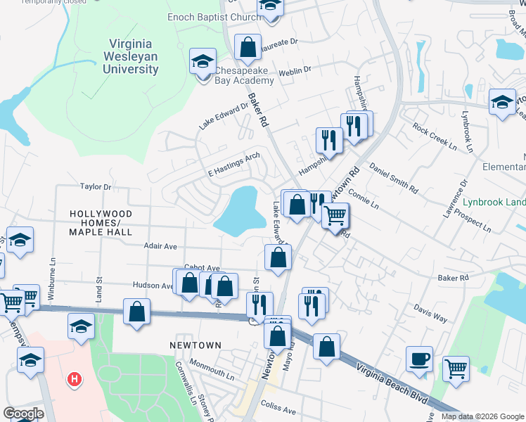 map of restaurants, bars, coffee shops, grocery stores, and more near 5817 Waxham Court in Virginia Beach