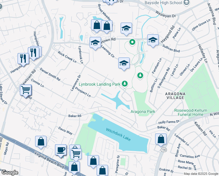 map of restaurants, bars, coffee shops, grocery stores, and more near 604 Fox Creek Court in Virginia Beach