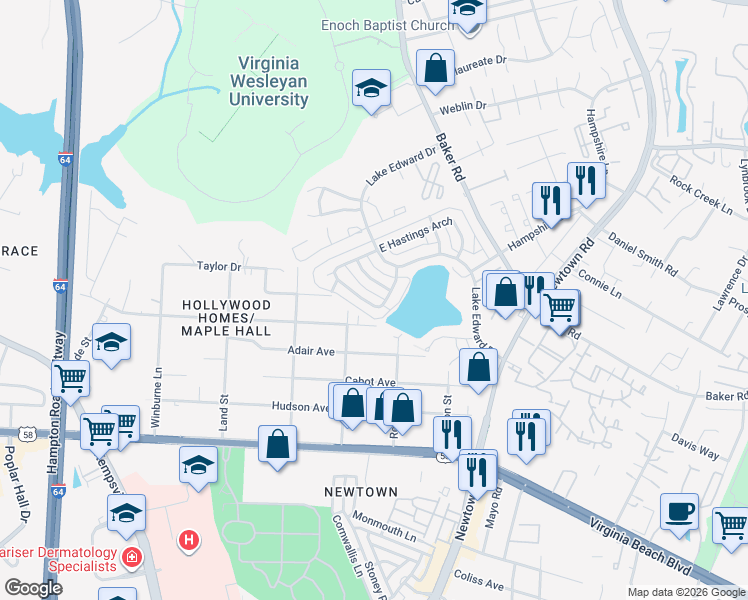 map of restaurants, bars, coffee shops, grocery stores, and more near 5749 West Hastings Arch in Virginia Beach