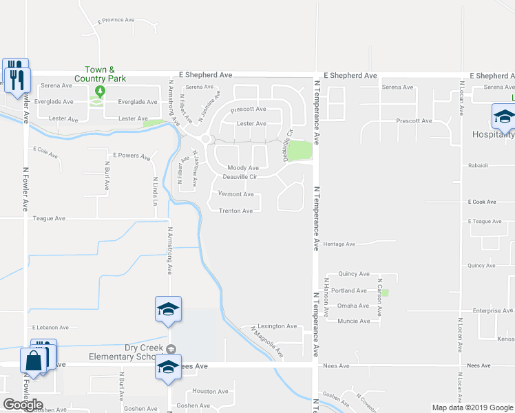map of restaurants, bars, coffee shops, grocery stores, and more near 2433 Trenton Avenue in Clovis
