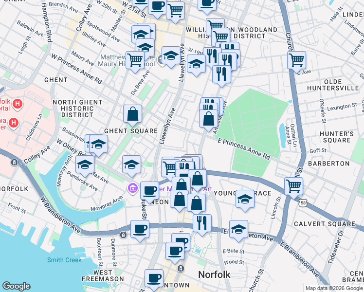 map of restaurants, bars, coffee shops, grocery stores, and more near 100 Westover Avenue in Norfolk