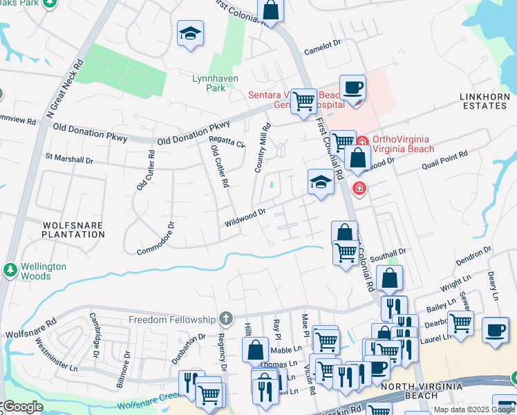 map of restaurants, bars, coffee shops, grocery stores, and more near 1807 Calash Way in Virginia Beach