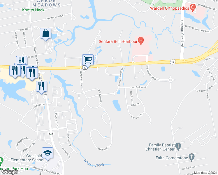 map of restaurants, bars, coffee shops, grocery stores, and more near 1520 Breezeport Way in Suffolk
