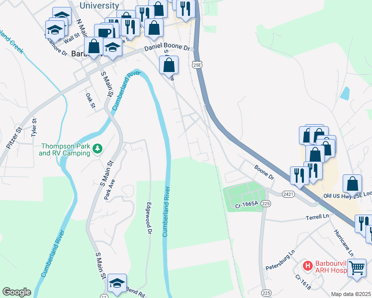 map of restaurants, bars, coffee shops, grocery stores, and more near 319 South Allison Avenue in Barbourville