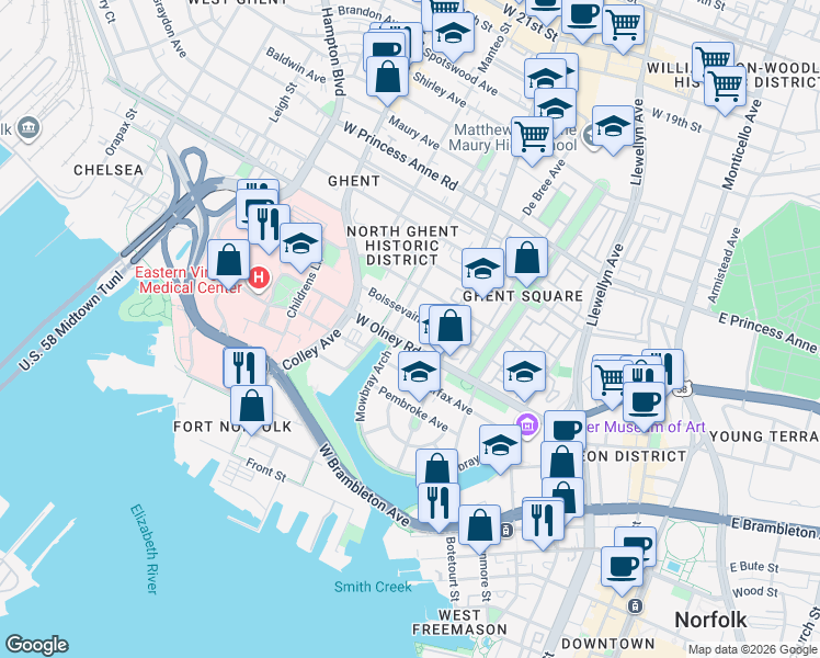 map of restaurants, bars, coffee shops, grocery stores, and more near 560 West Olney Road in Norfolk