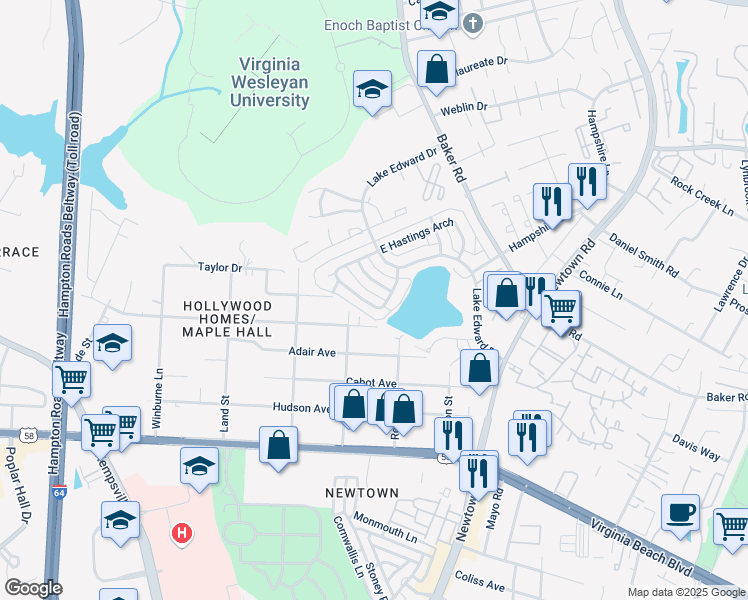 map of restaurants, bars, coffee shops, grocery stores, and more near 5762 West Hastings Arch in Virginia Beach