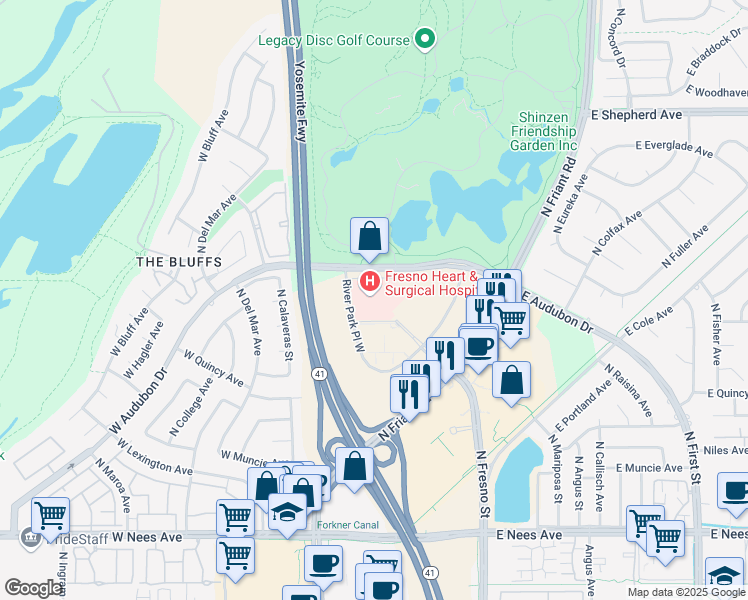 map of restaurants, bars, coffee shops, grocery stores, and more near 15 East Audubon Drive in Fresno